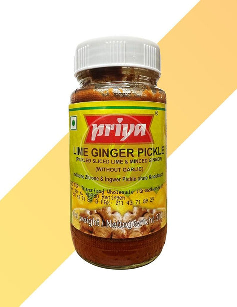 Indischer Zitrone & Ingwer Pickle ohne Knoblauch - Lime Ginger Pickle - Priya - 300 g | Soßen & Pasten | Village Foods