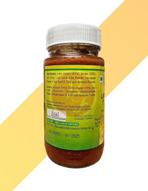 Indischer Zitrone & Ingwer Pickle ohne Knoblauch - Lime Ginger Pickle - Priya - 300 g